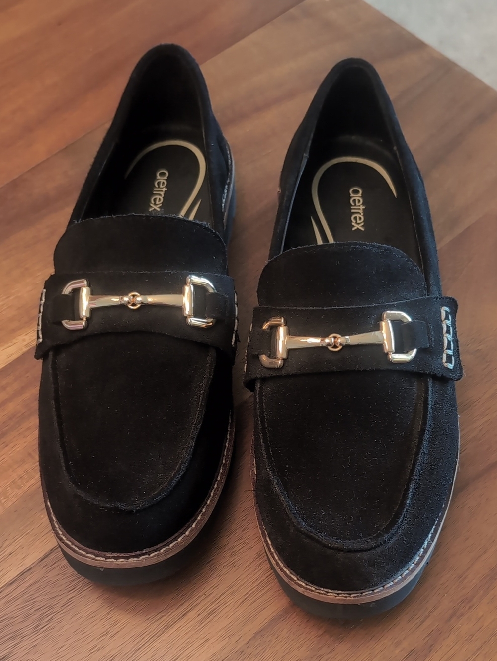 Aetrex Black Suede Loafers with Gold Bit Hardware